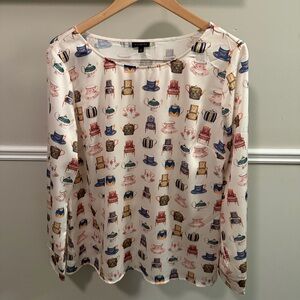 Talbots Teacup Print Blouse Size L | Tea Party Teapot Chair Print Top